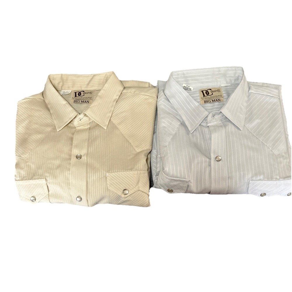 2 Vintage Dee Cee Brand Big Man Western Pearl Snap Shirt Cream Stripe 18-34 USA